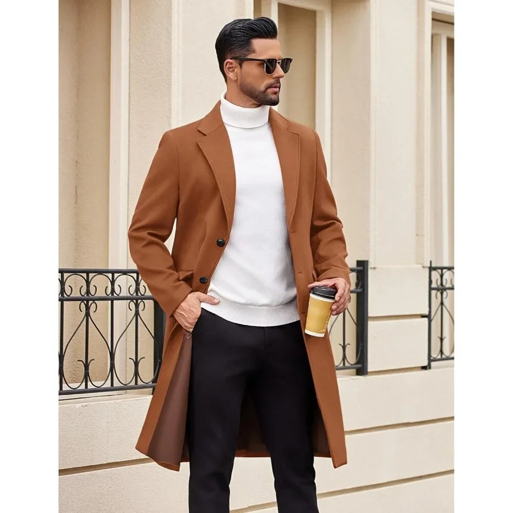 Men's Brown Trench Coat Long Casual Notched Collar Wool Blend Pea coat